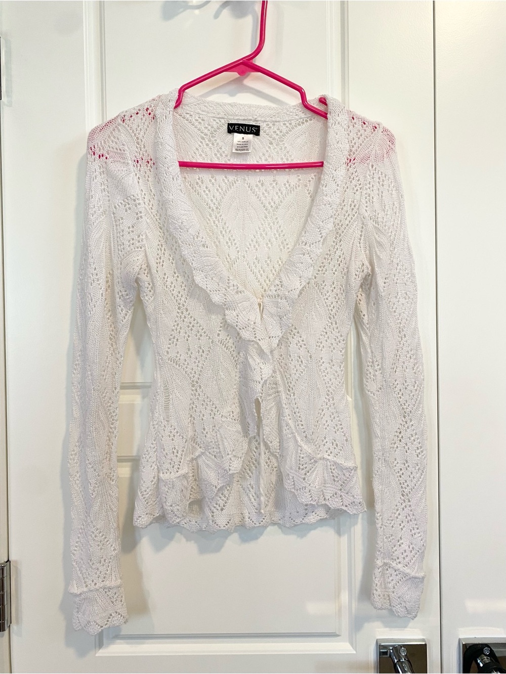 VENUS White Crochet Ruffle-Trim Cardigan